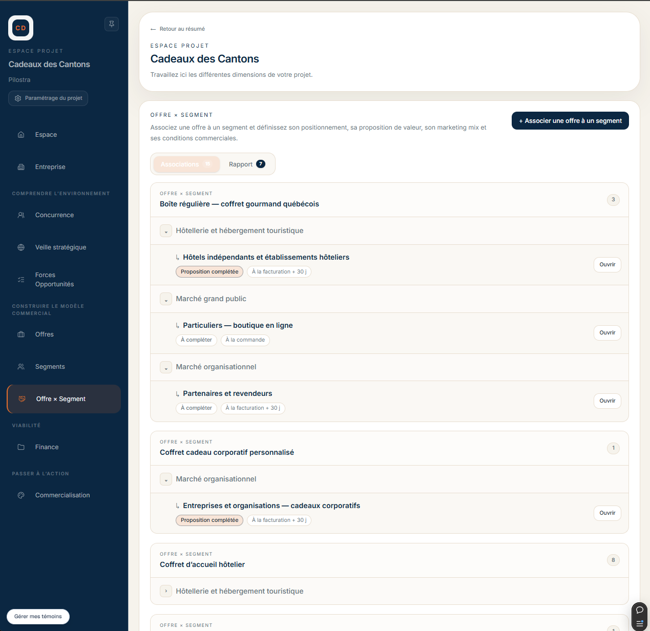 Interface Pilostra reliant les offres de Cadeaux des Cantons à leurs segments de clientèle