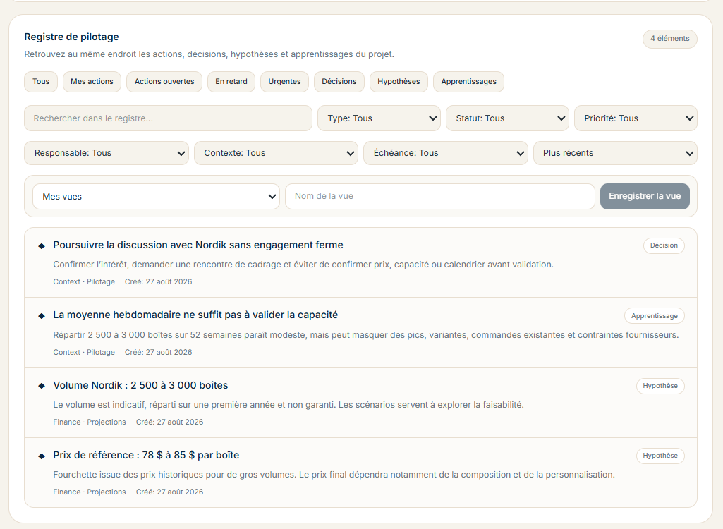 Registre de pilotage Pilostra regroupant les actions, décisions, hypothèses et apprentissages du projet