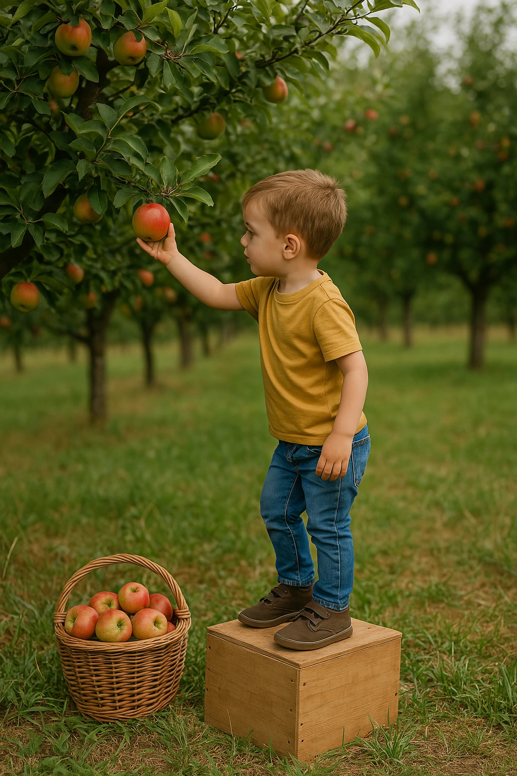 Jeune garçon debout sur une boîte en bois cueillant une pomme, représentant l'entrepreneur utilisant ses ressources pour atteindre un segment client précis